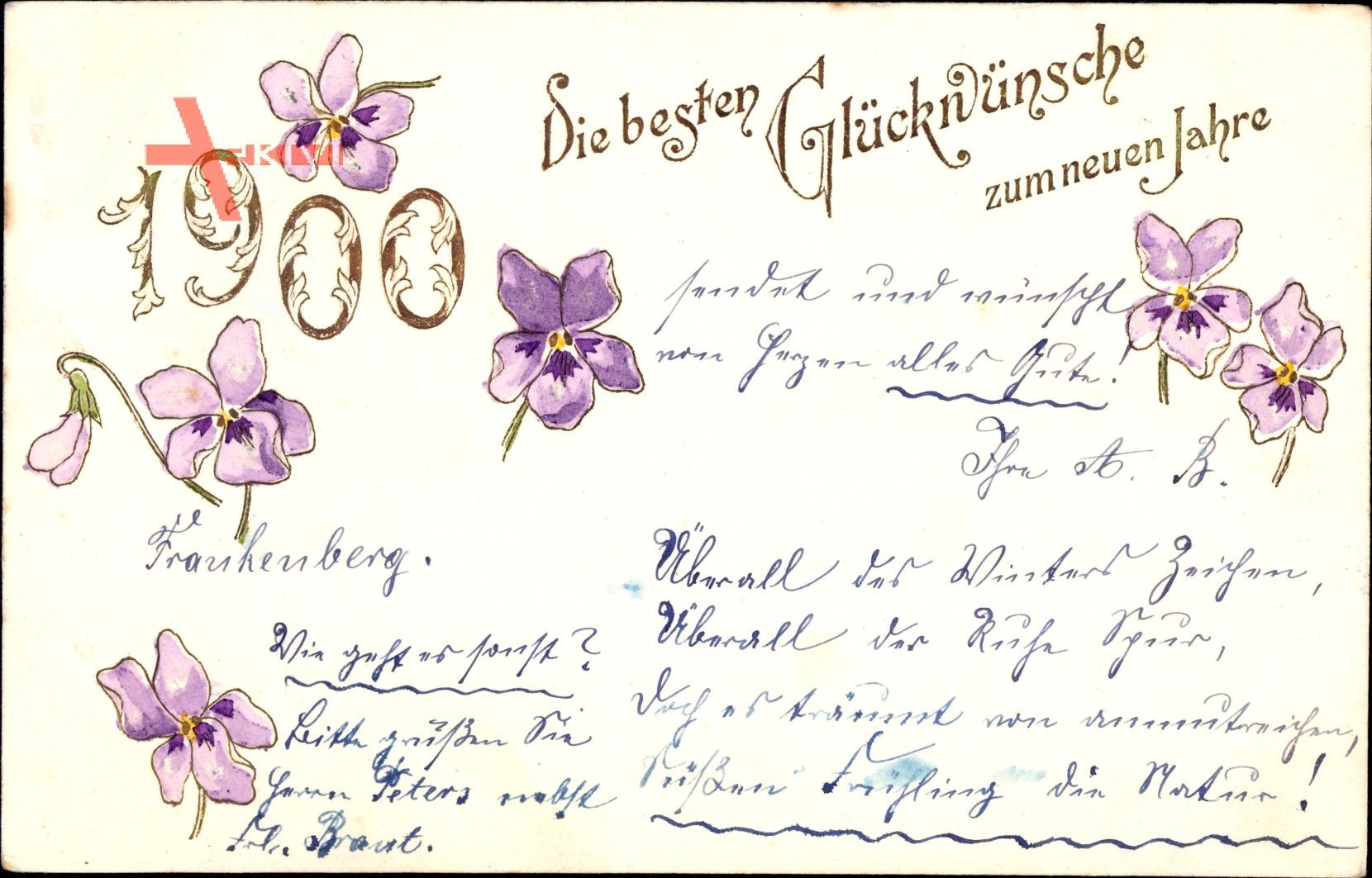 Glückwunsch Neujahr, Jahreszahl 1900, lila Blüten