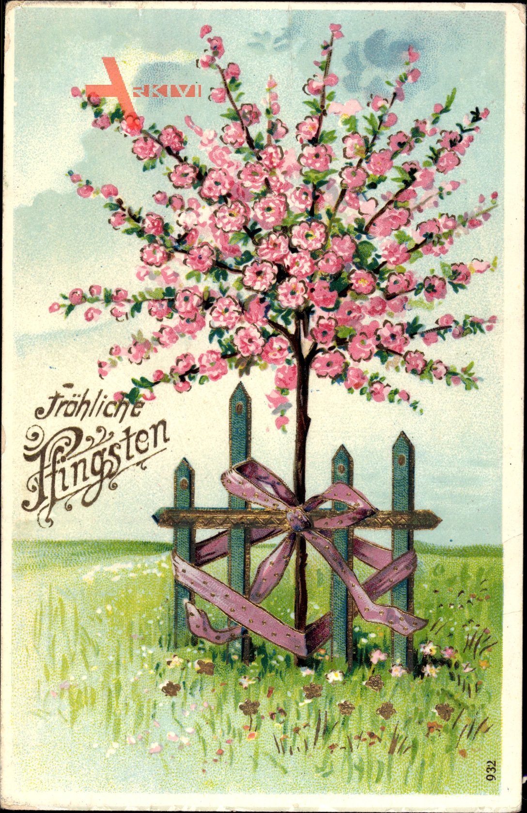 Glückwunsch Pfingsten, Baum mit rosa Blüten, Gartenzaun
