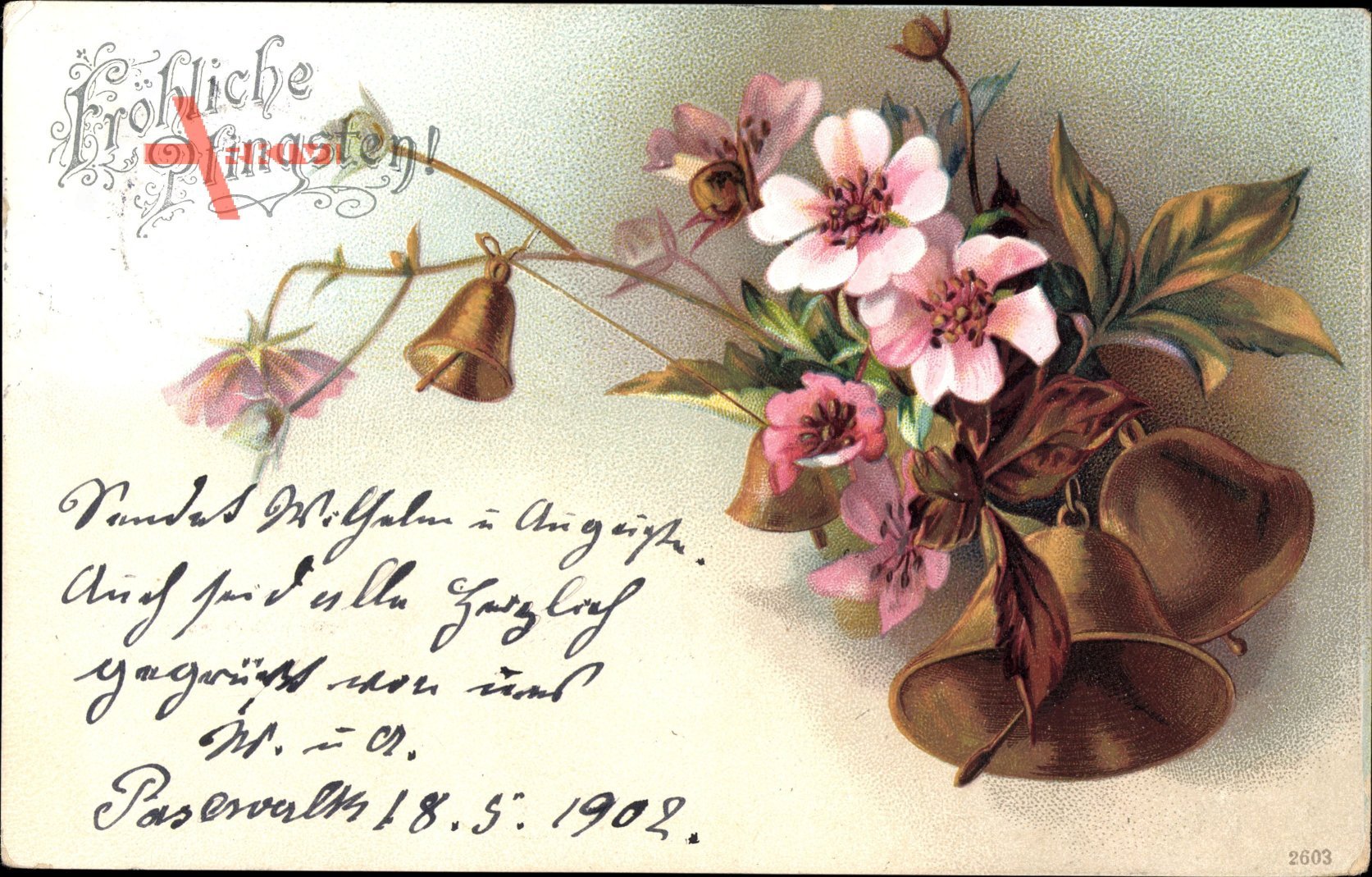 Glückwunsch Pfingsten, Rosa Blüten und Glocken