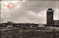 Rüsselsheim, Blick auf das Opelwerk mit Opelturm, Hochhaus, Bahnhof