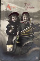 Glückwunsch Neujahr, Zwei Kinder in einer Kutsche, Sektgläser