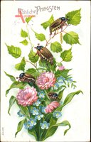 Glückwunsch Pfingsten, Maikäfer auf einem Birkenast, Blumen