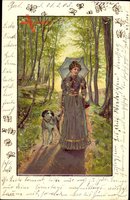 Passepartout Junge Frau mit Hund, Spaziergang im Wald, Schirm