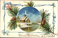 Passepartout Frohe Weihnachten, Kirche im Winter, Flussidylle