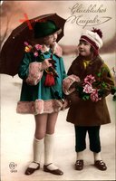 Glückwunsch Neujahr, Zwei kleine Mädchen, Regenschirm, BLumen