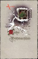 Glückwunsch Weihnachten, geöffnetes Fenster, Schnee, Kleeblätter
