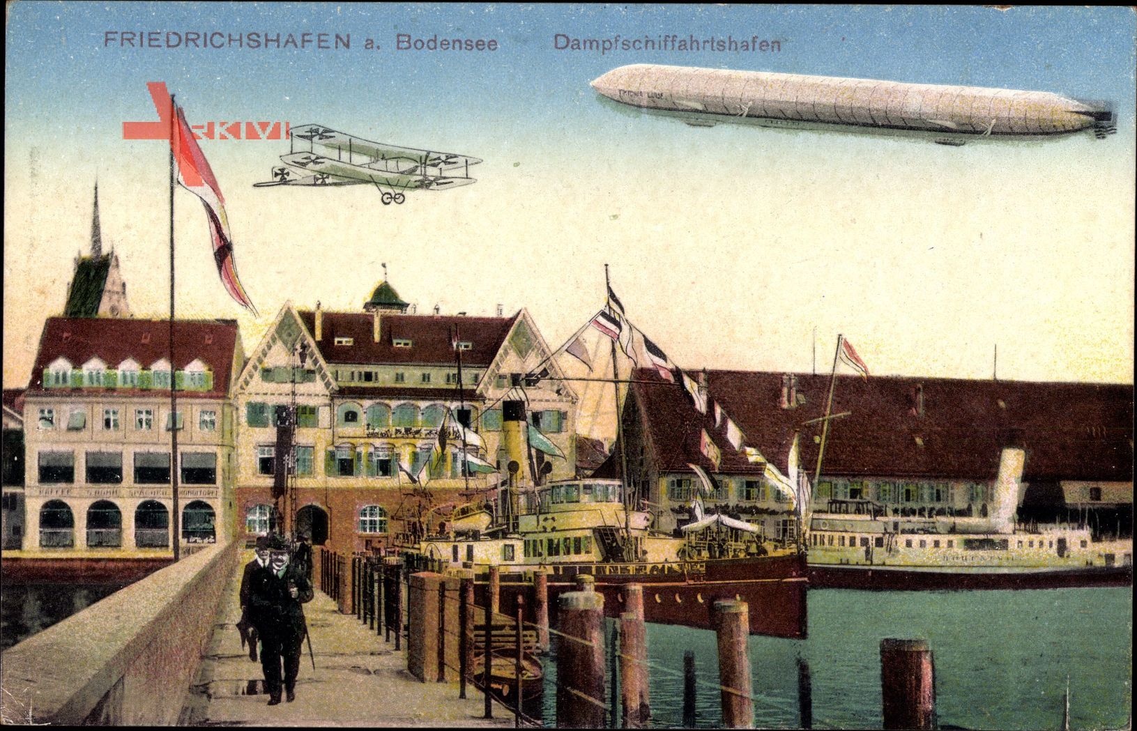 Blick auf Dampfschifffahrtshafen von Friedrichshafen am Bodensee mit Zeppelin und Doppeldecker