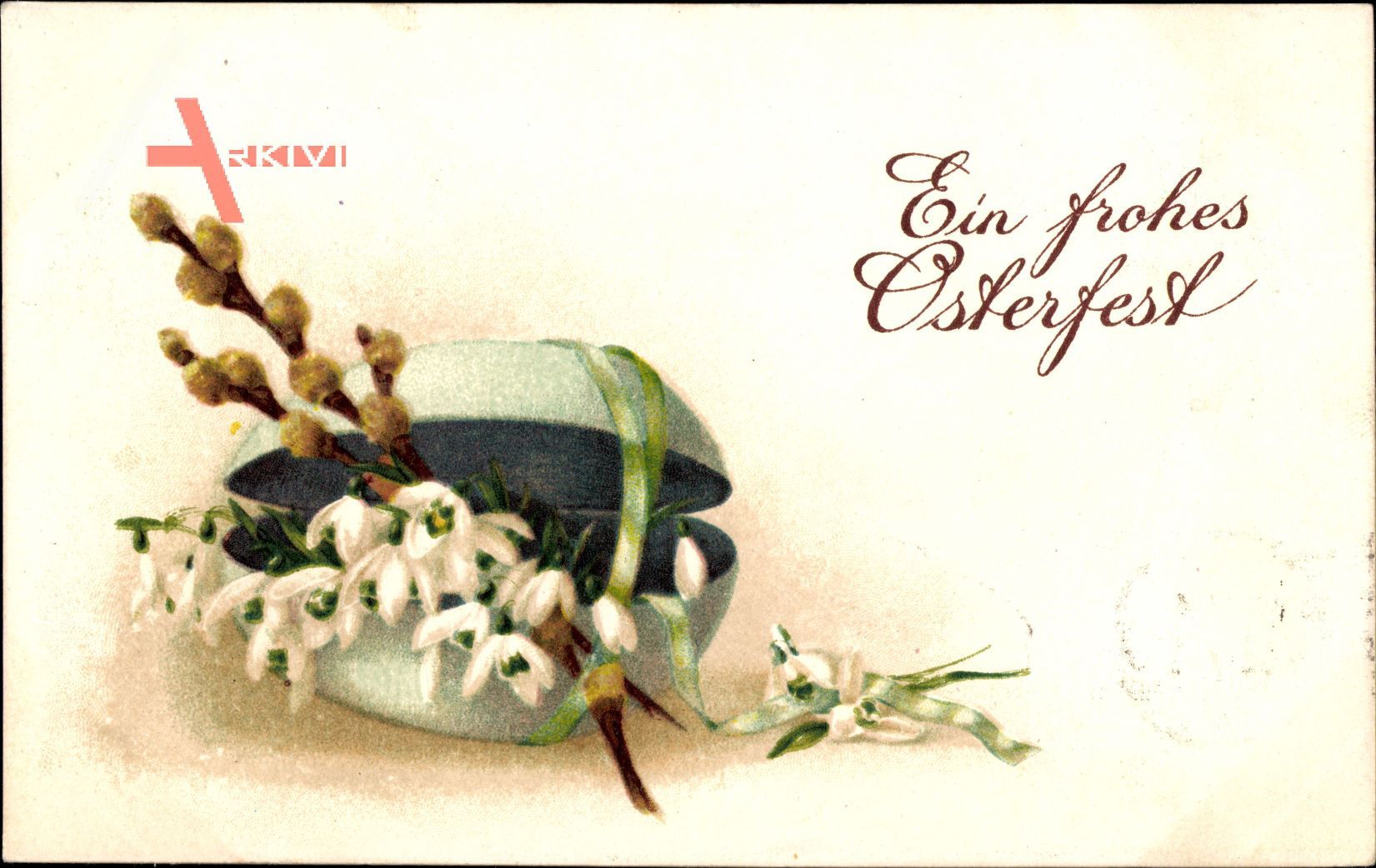 Glückwunsch Ostern, Osterei, Weidenkätzchen, Glockenblumen