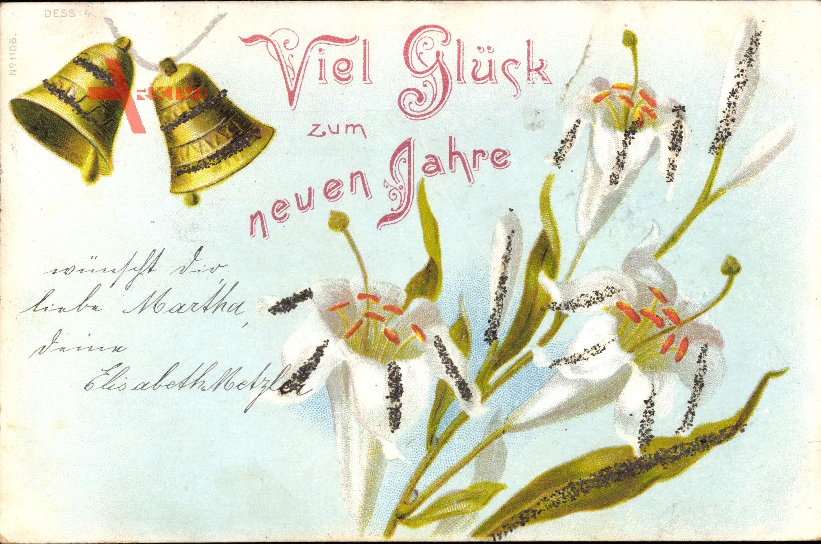Glitzer Glückwunsch Neujahr, Glocken, Blumen, Weiße Blüten