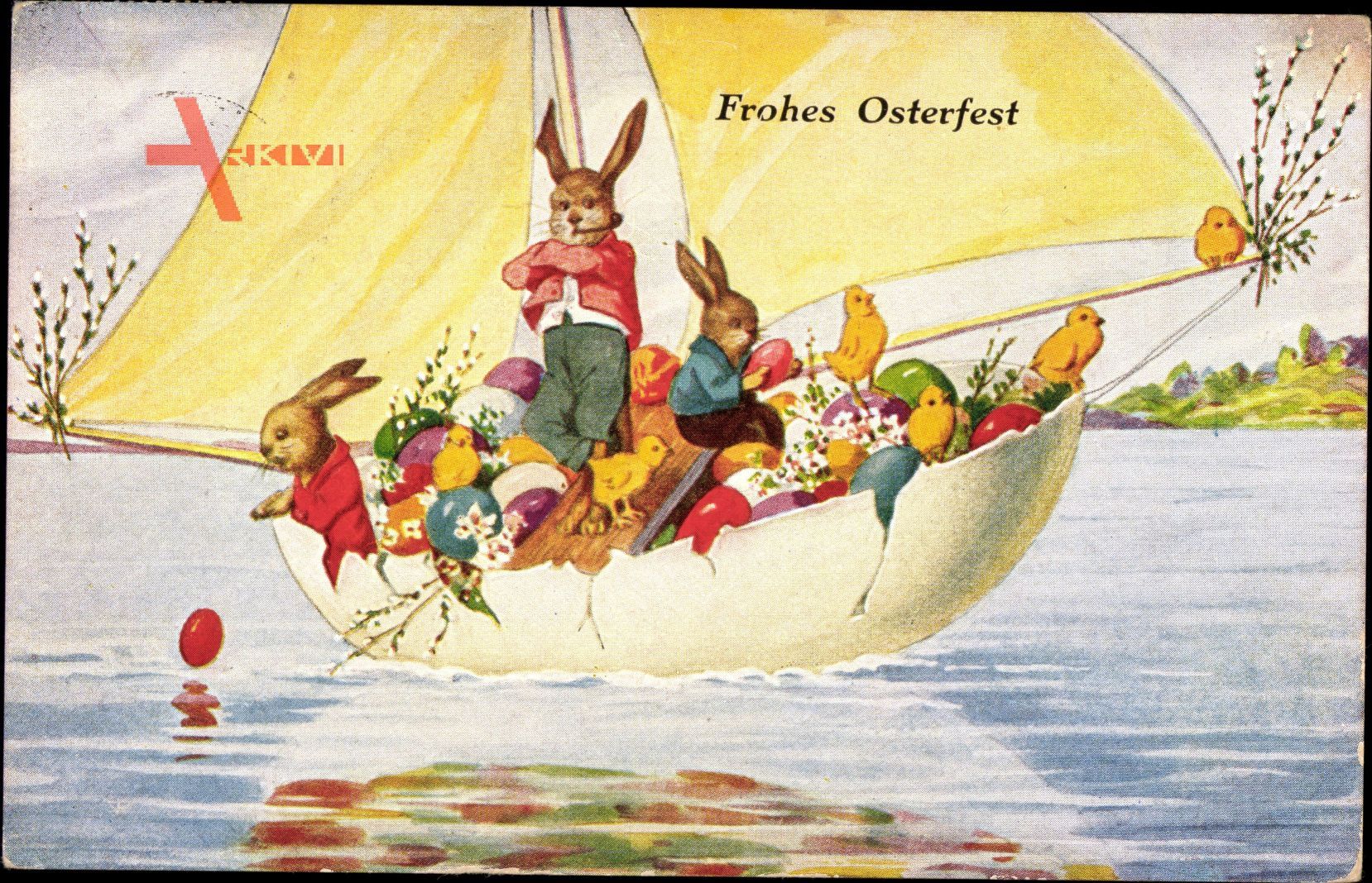 Glückwunsch Ostern, Osterei als Segelboot, Osterhasen