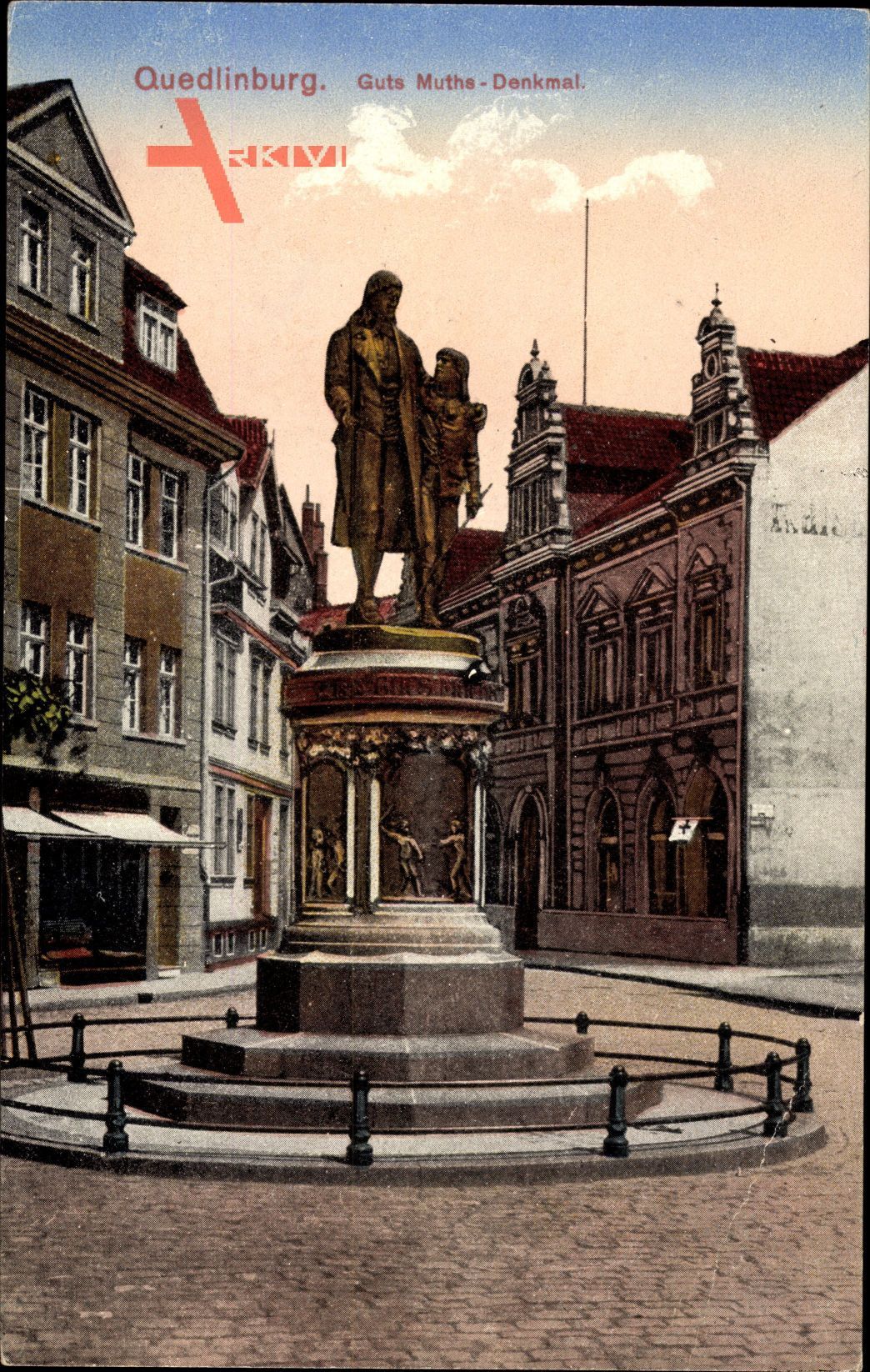 Quedlinburg im Harz, Blick auf das Guts Muths Denkmal, Statue