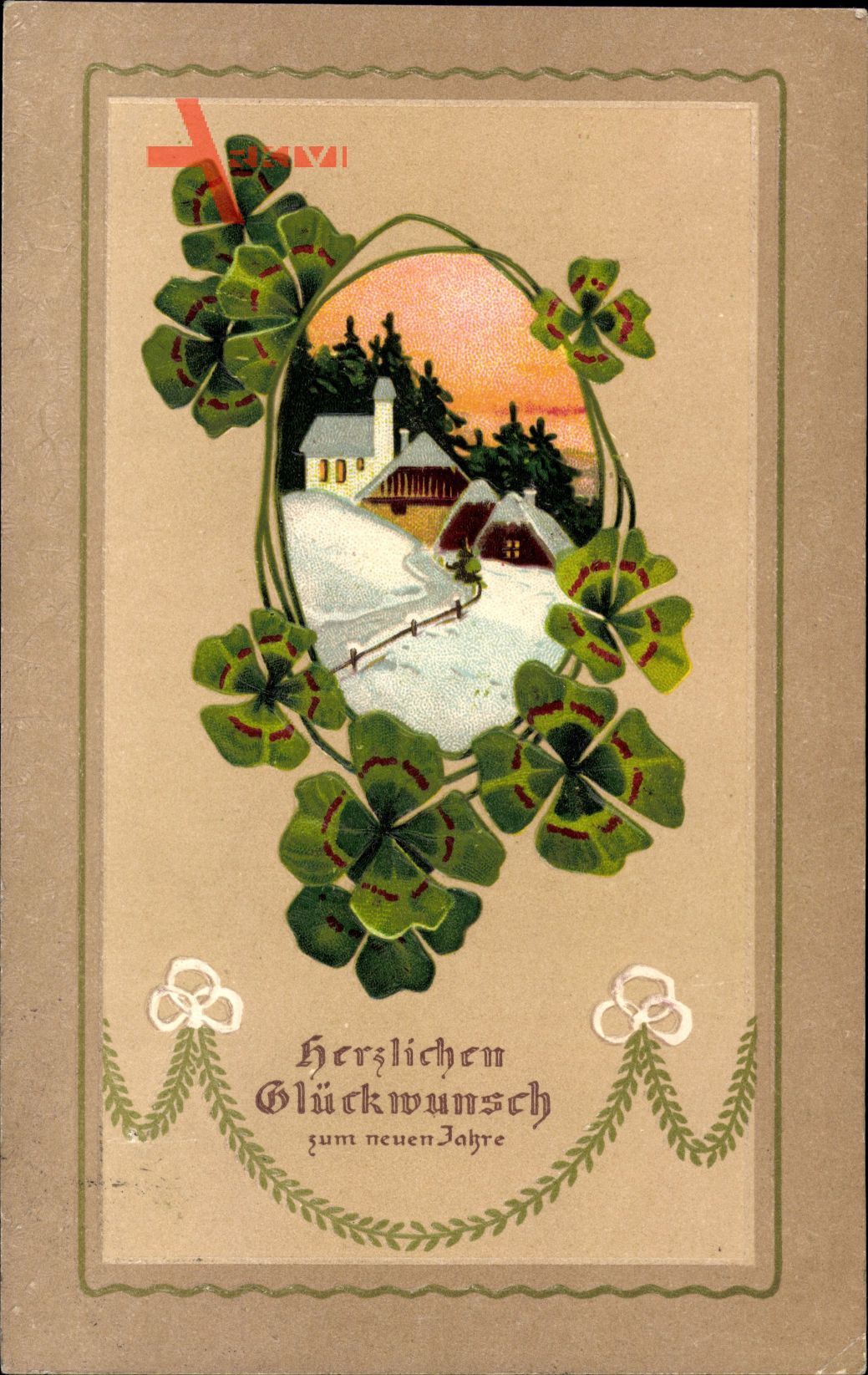 Glückwunsch Neujahr, Kleeblätter, Winteridyll