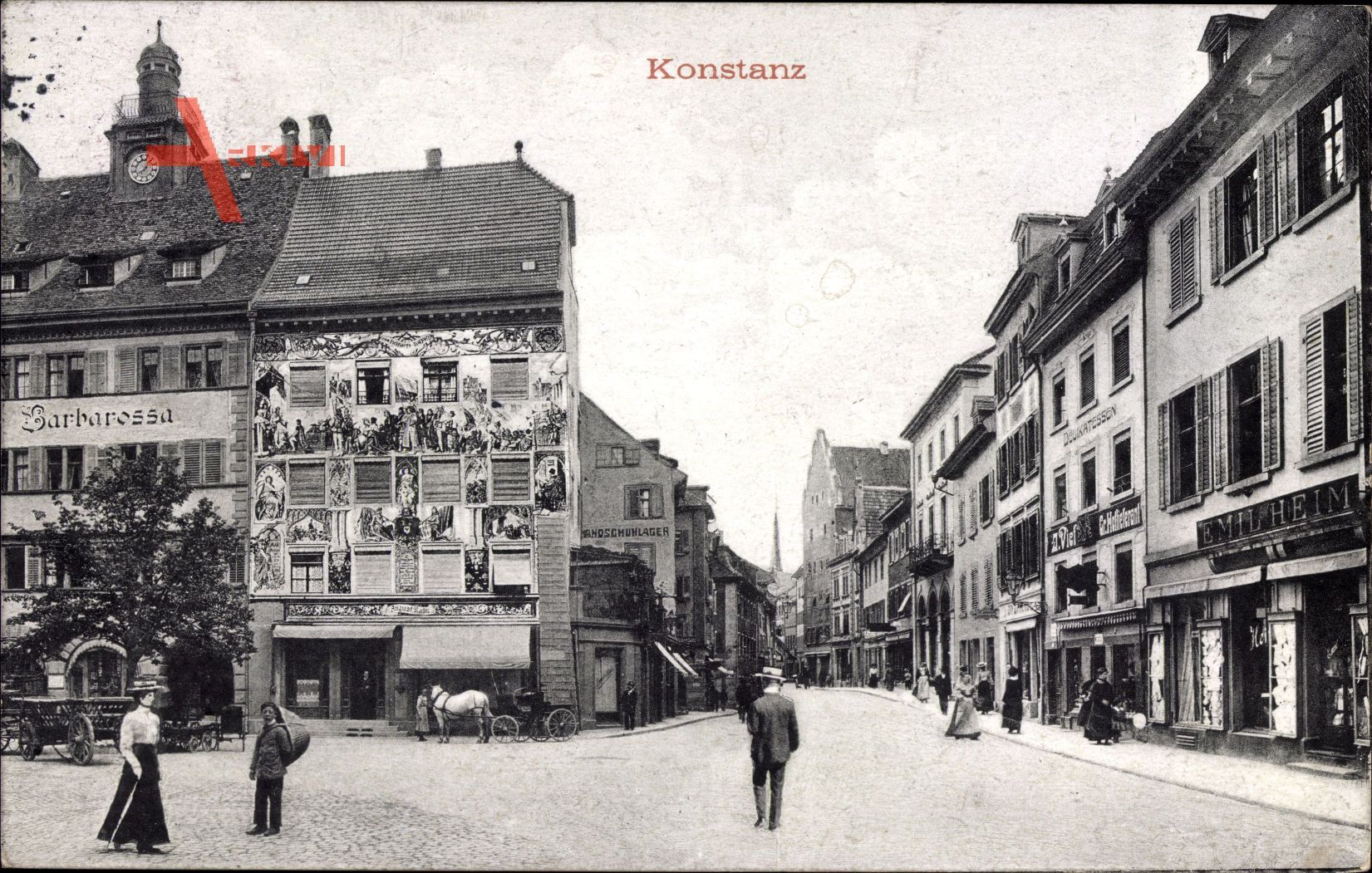 Konstanz am Bodensee, Straßenpartie, Haus Barbarossa, Geschäfte