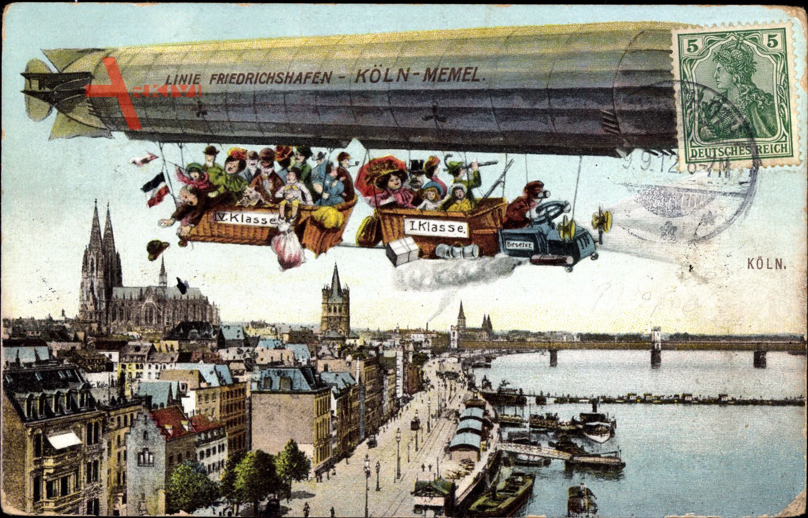 Köln am Rhein, Zeppelin über der Stadt, Brücke, Dom im Hintergrund