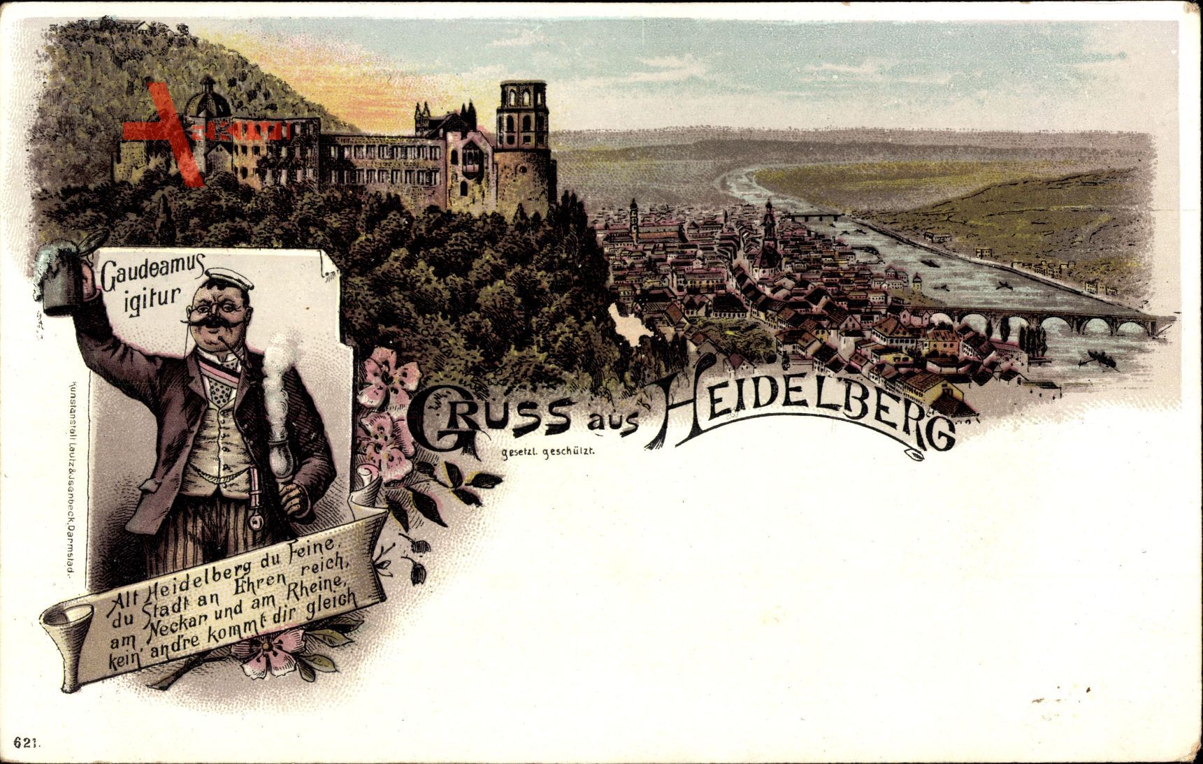 Studentika Heidelberg am Neckar, Totalansicht der Stadt, Gaudeamus igitur