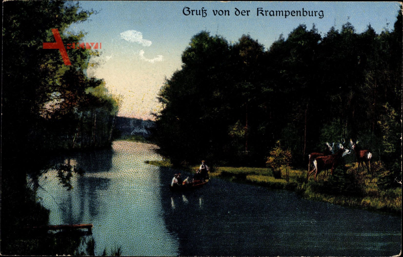 Berlin Köpenick, Hirsche am Wasser, Personen im Boot, Krampenburg