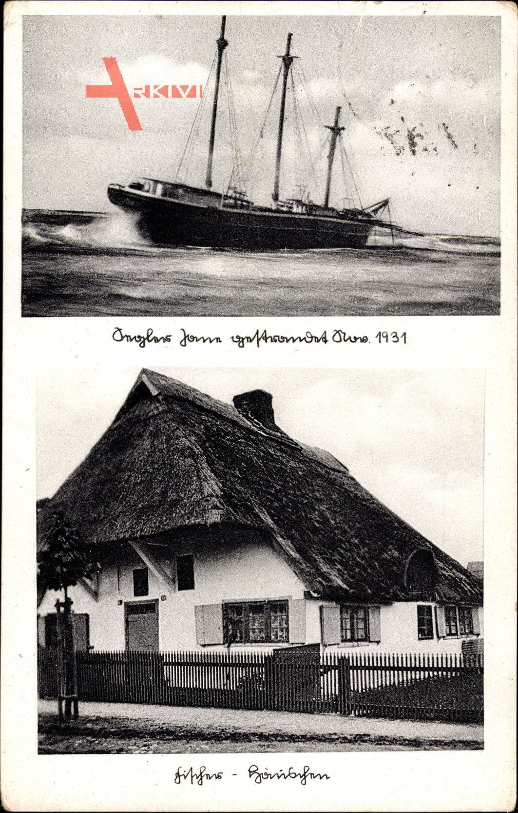 Dierhagen Fischland, Fischerhäuschen, Segler gestrandet 1931
