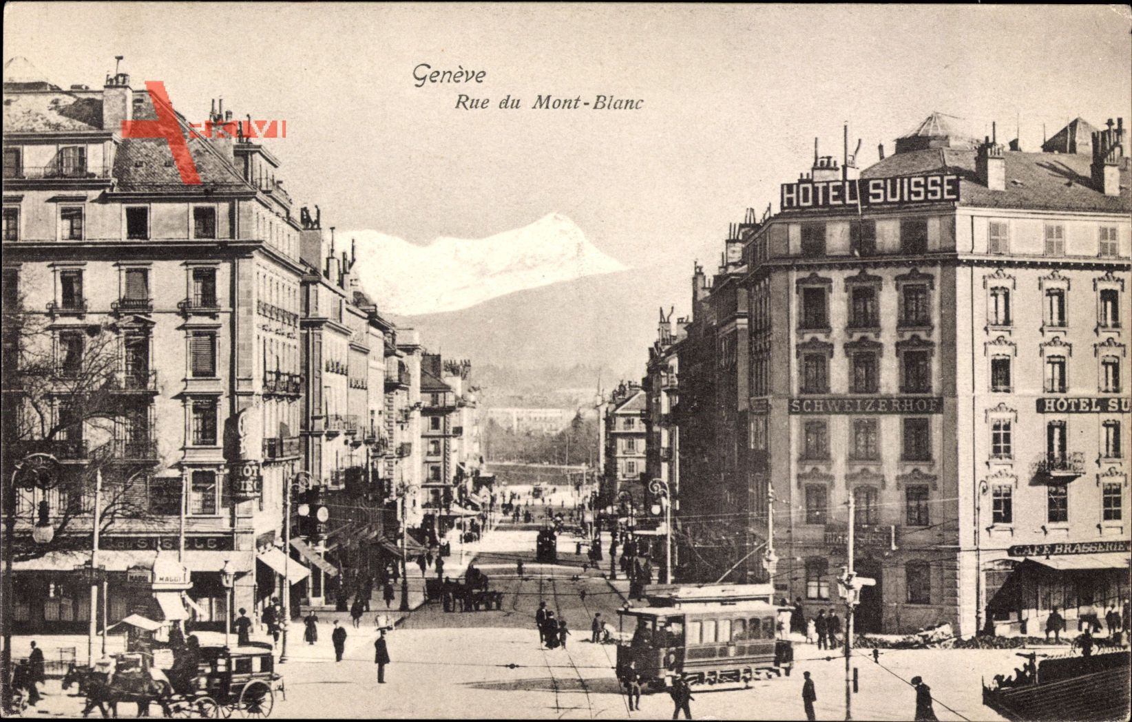 Genève Genf Stadt, Rue du Mont Blanc, Hotel Suisse, Straßenbahn