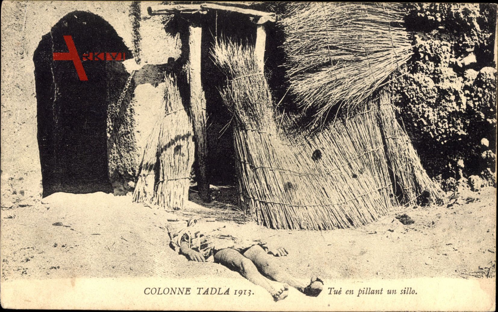 Marokko, Colonne Tadla 1913, Tué en pillant un sillo, Toter im Sand