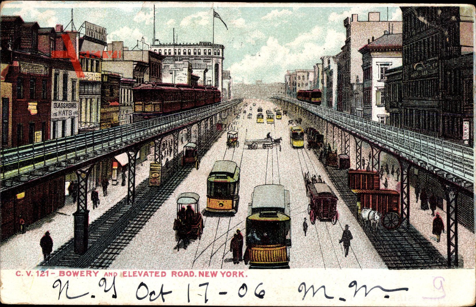 New York City USA, Bowery and elevated road, cable cars, Straßenbahnen