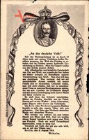 An das deutsche Volk, Zitat vom 06 August 1914, Kaiser Wilhelm II.