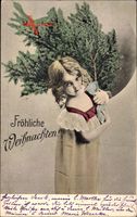 Frohe Weihnachten, Junges Mädchen mit Tannenbaum