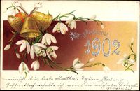 Glückwunsch Neujahr, Jahreszahl 1902, Glocken, Glockenblumen