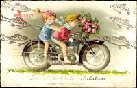 Glückwunsch Geburtstag, Kinder auf einem Motorrad, Fische