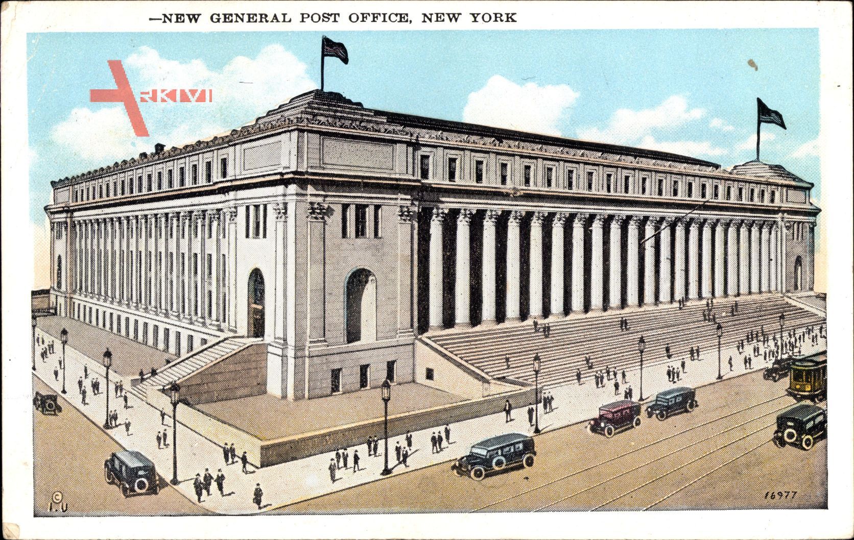 New York City USA, view of the new General Post Office, facade, cars
