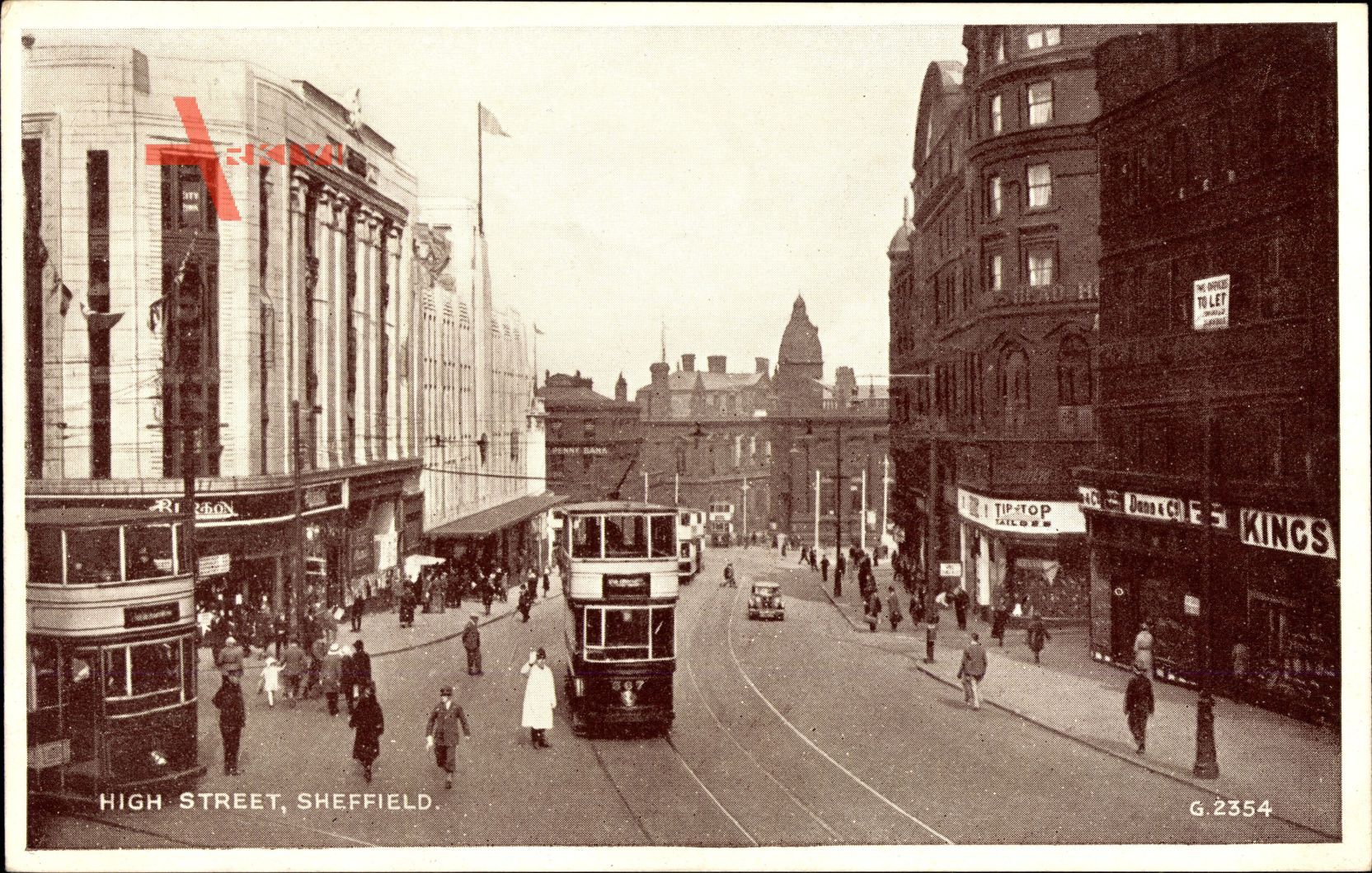 Sheffield Yorkshire England, View of High Street, cable car 367, shops