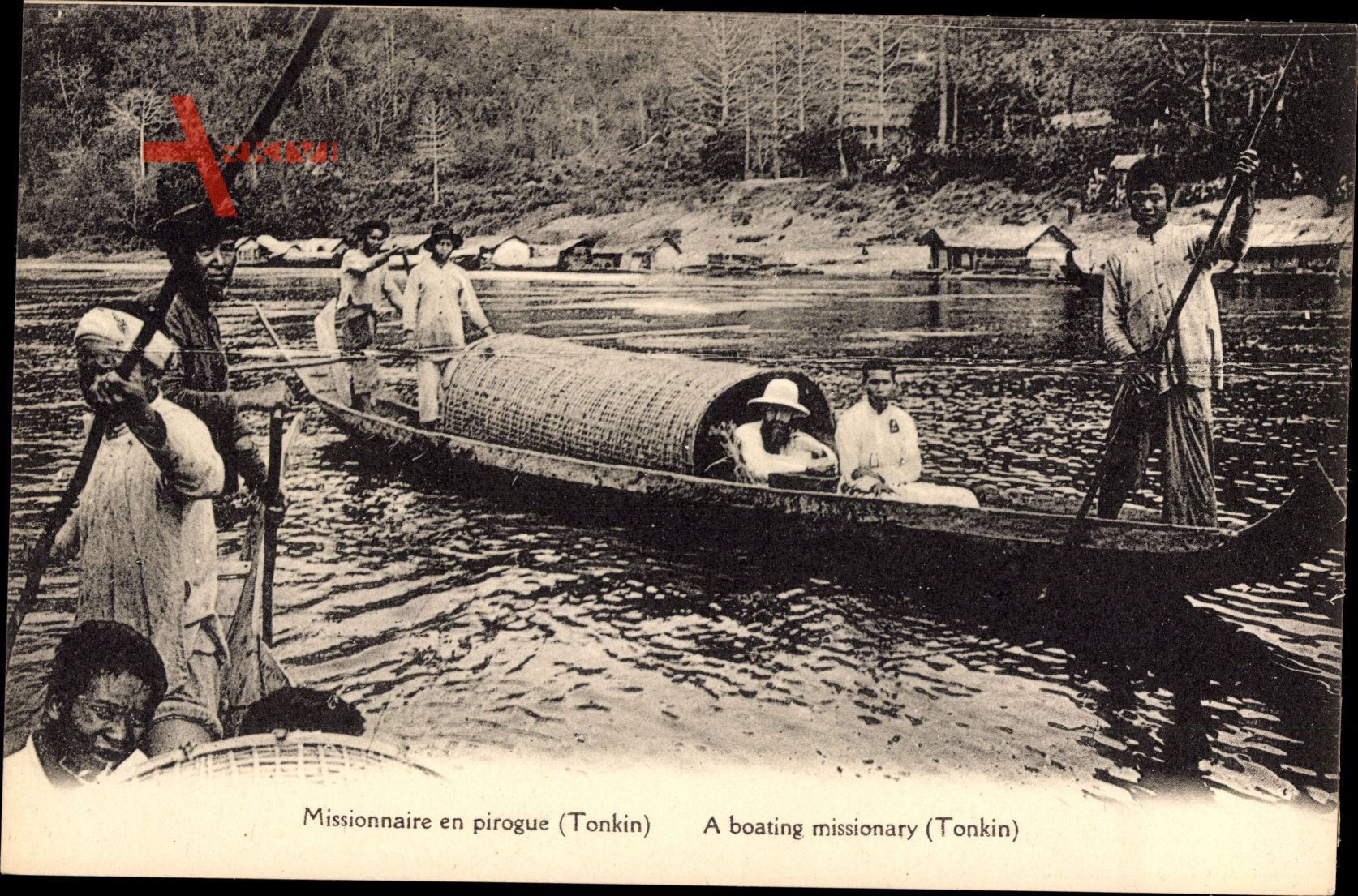 Tonkin Vietnam, Missionnaire en pirogue, Missionar, Gondel im Fluss