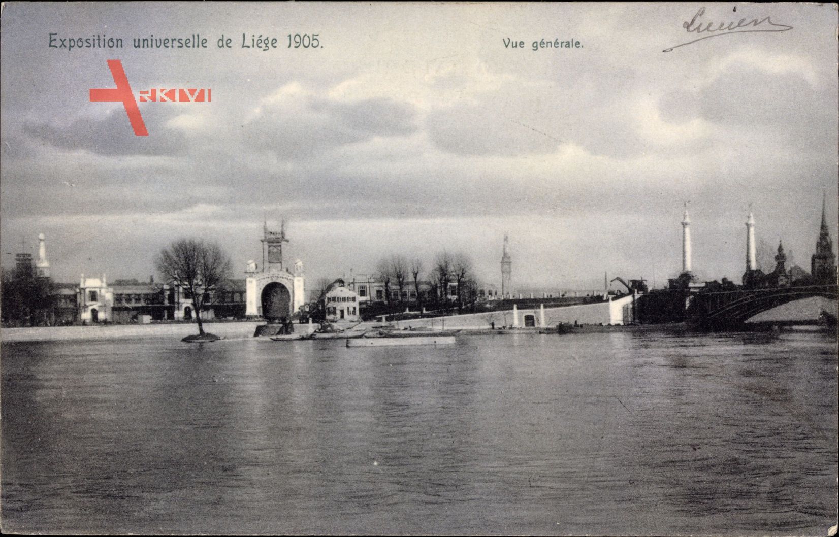 Liège, Weltausstellung 1905, Vue générale, Blick vom Wasser auf das Tor