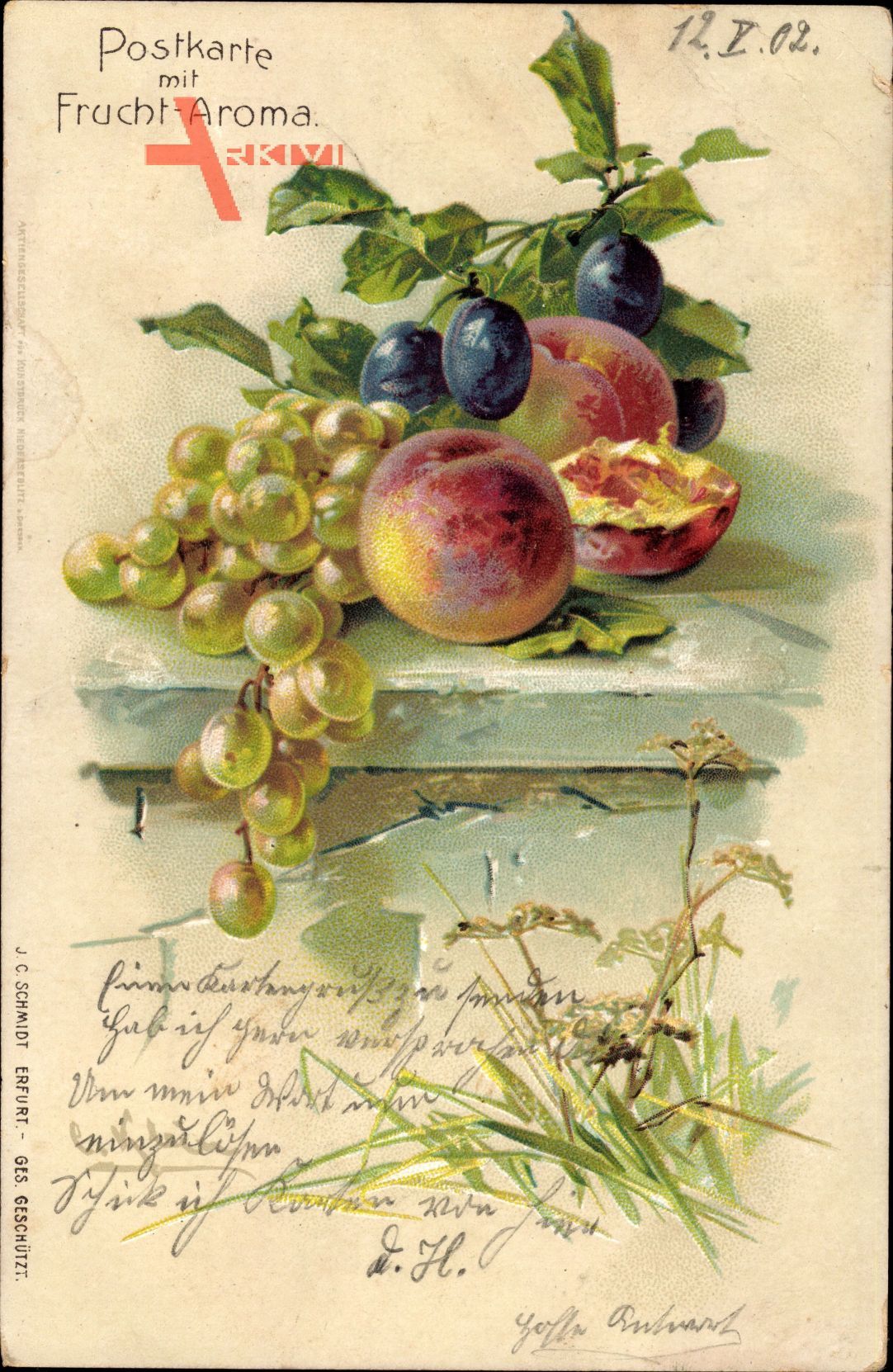 Postkarte mit Fruchtaroma, Obst, Weintrauben, Apfelsinen