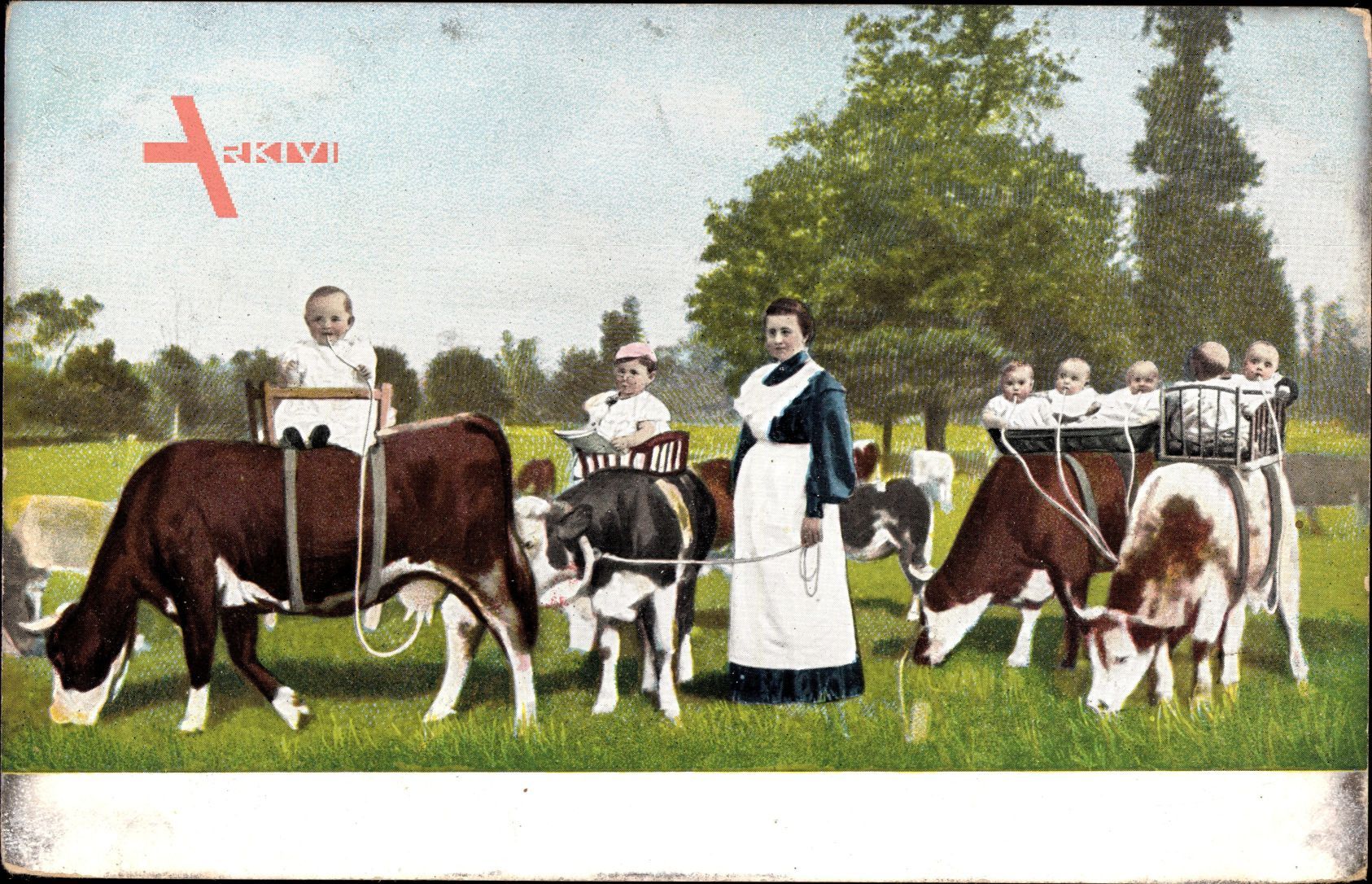 Bäuerin mit Kühen, Kinder auf den Kühen sitzend