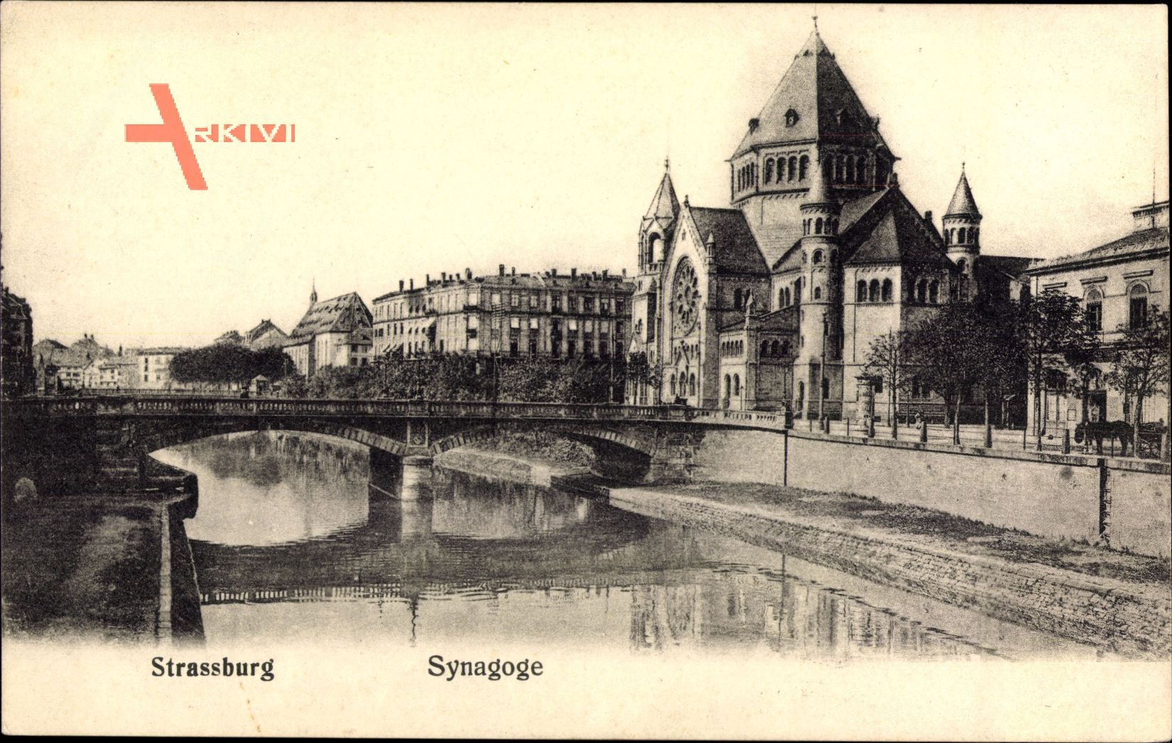 Judaika Straßburg Elsaß Bas Rhin, Ansicht der Synagoge, Brücke