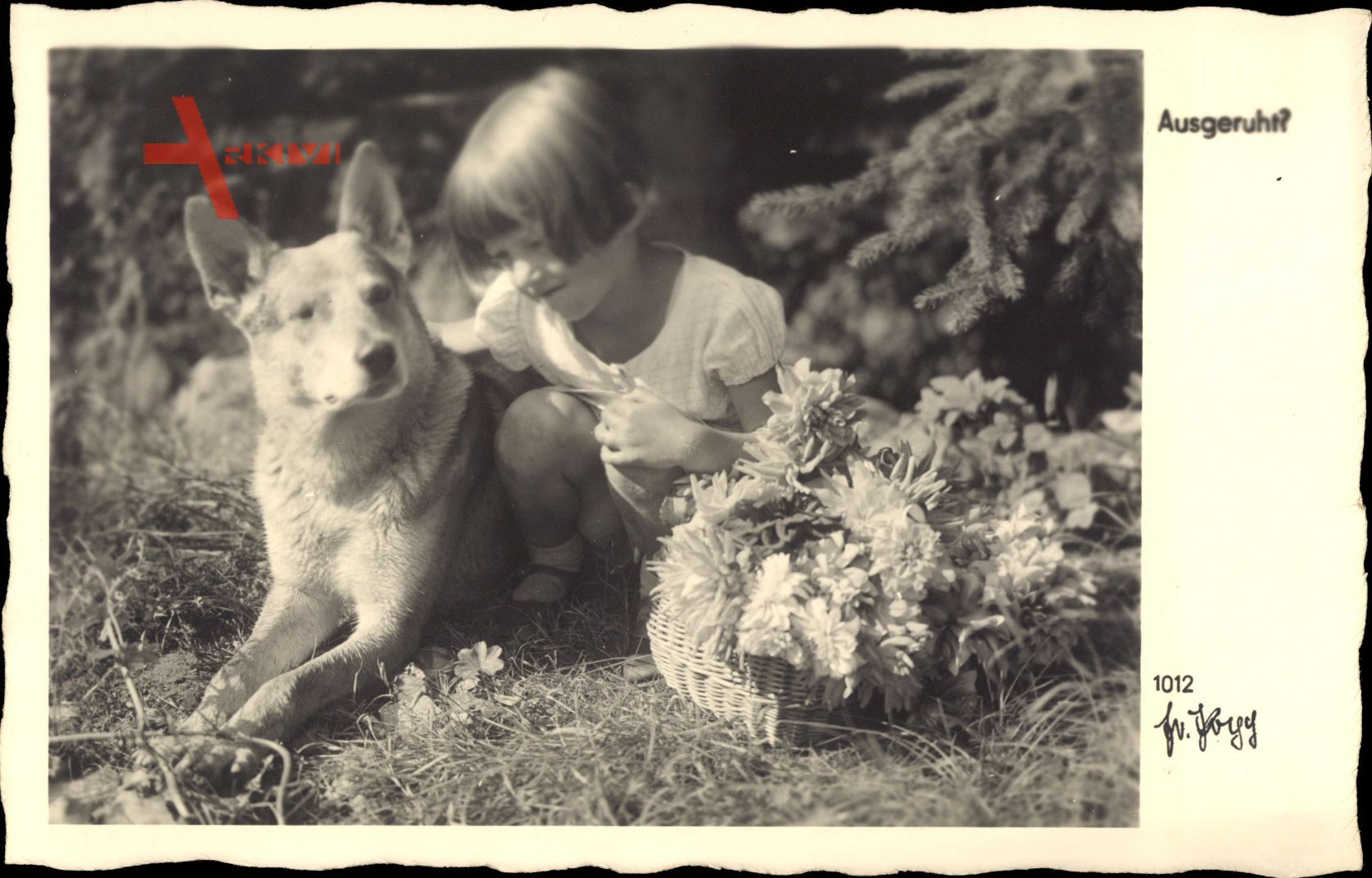 Ausgeruht, Kleines Mädchen mit einem Schäferhund, Blumen