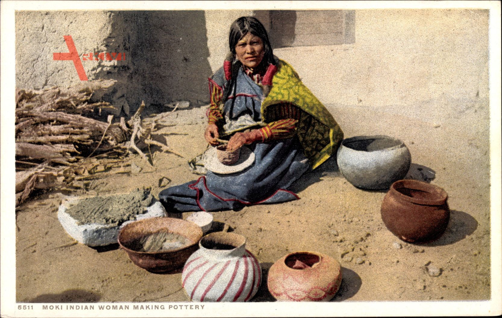 Moki Indian Woman making Pottery, Indianerin beim Töpfern