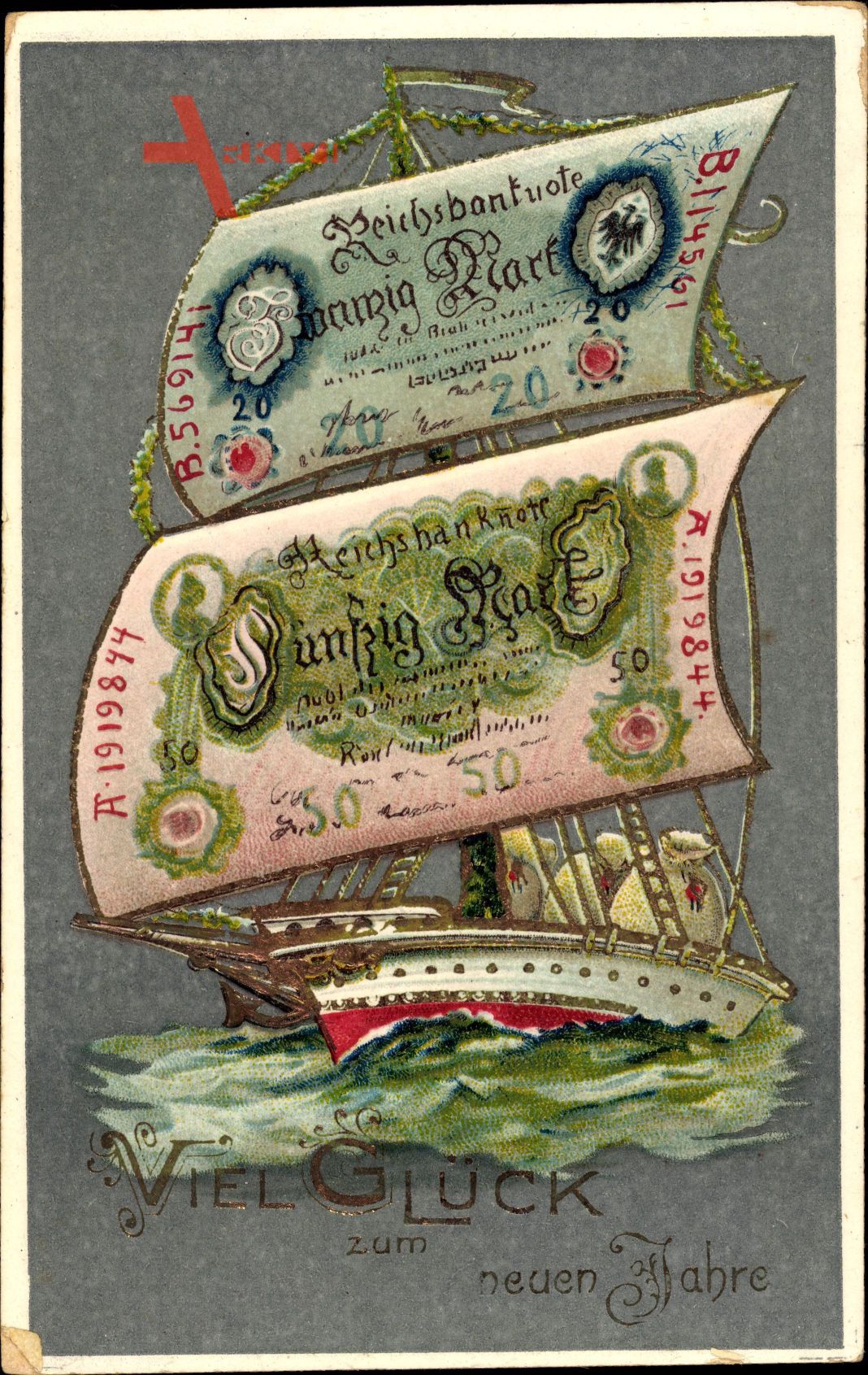 Geldschein Glückwunsch Neujahr, Segelschiff, Zwanzig Reichsmark