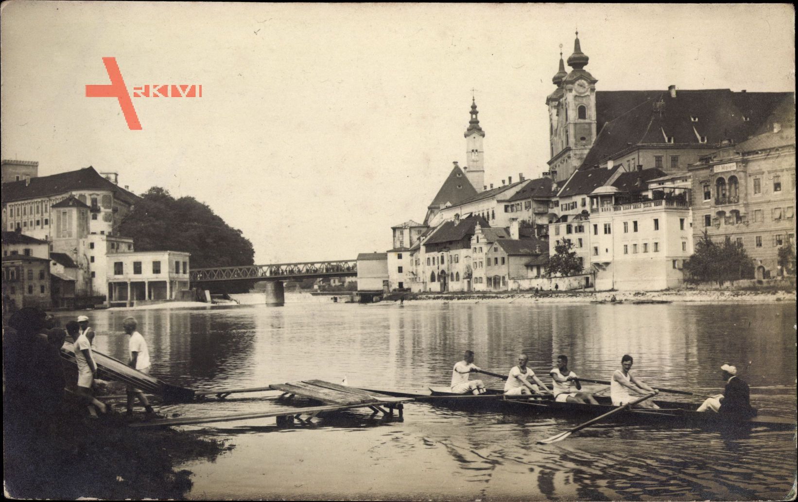Steyr Oberösterreich, Flusspartie mit Ruderboot, Kirche, Brücke