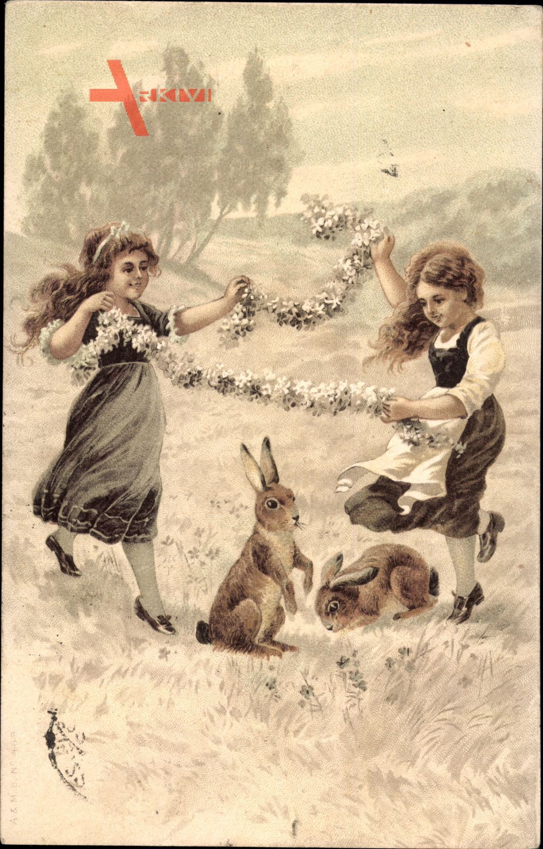 Glückwunsch Ostern, Mädchen spielen mit Osterhasen auf der Weide