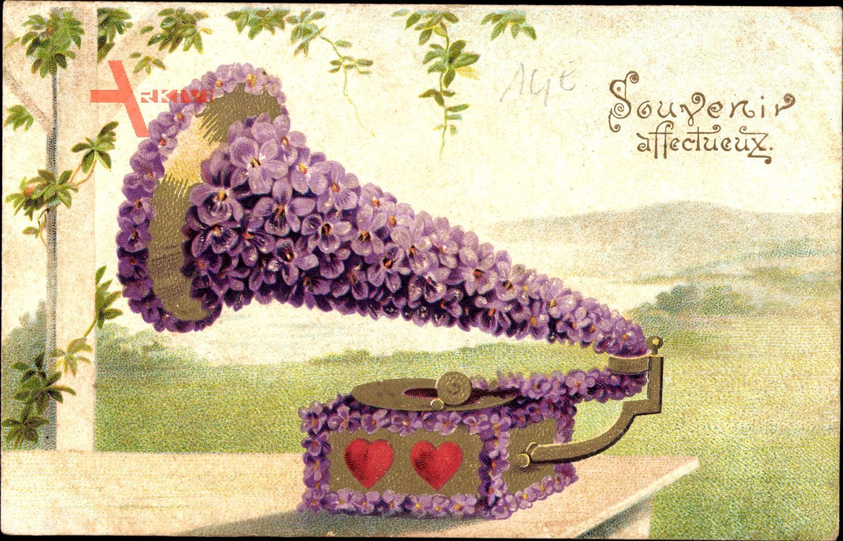 Souvenir Affectueux, Schallplattenspieler aus Blumen, Kitsch