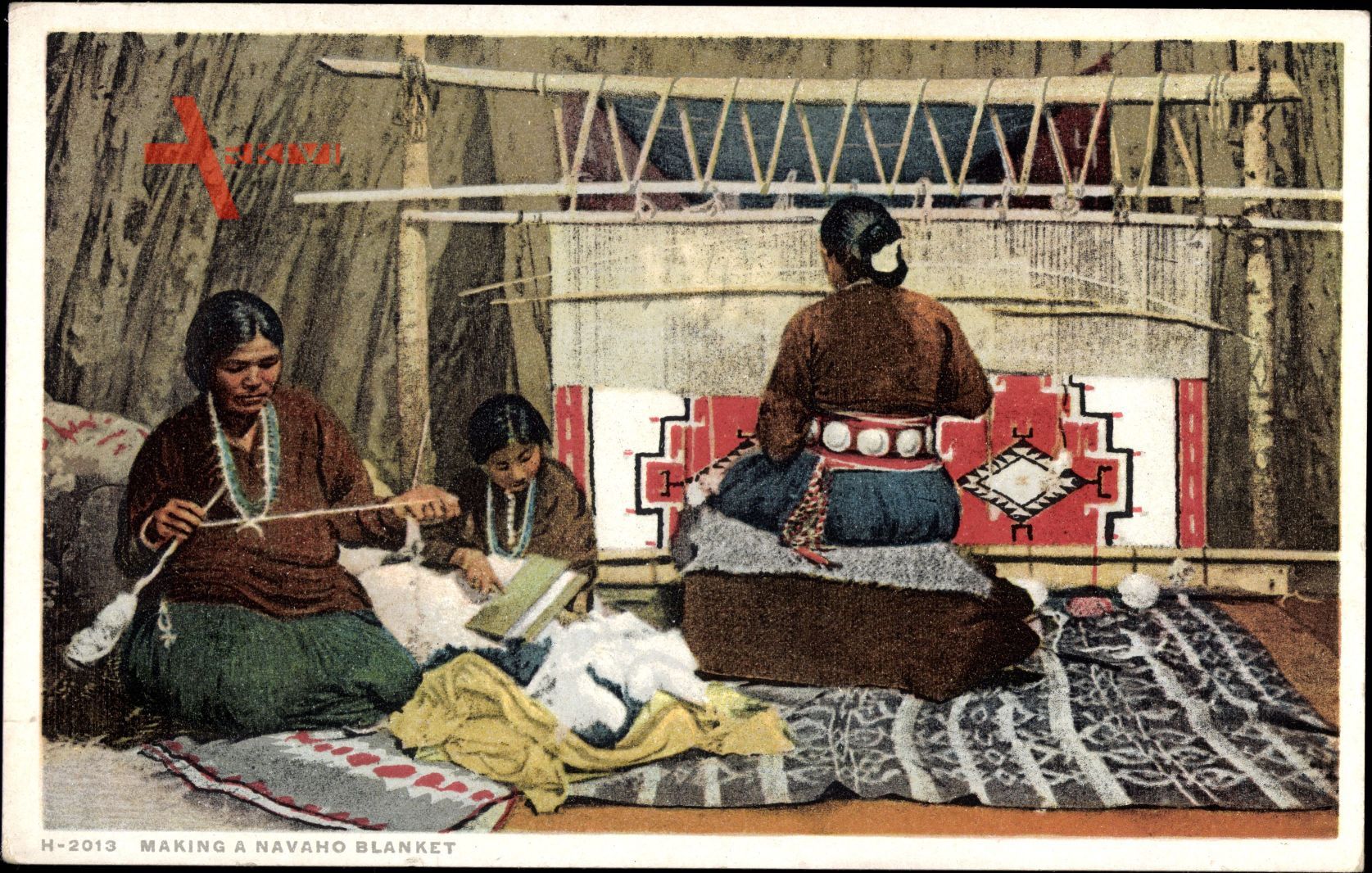 Making a Navaho Blanket, Indianerin webt einen Teppich, Webstuhl