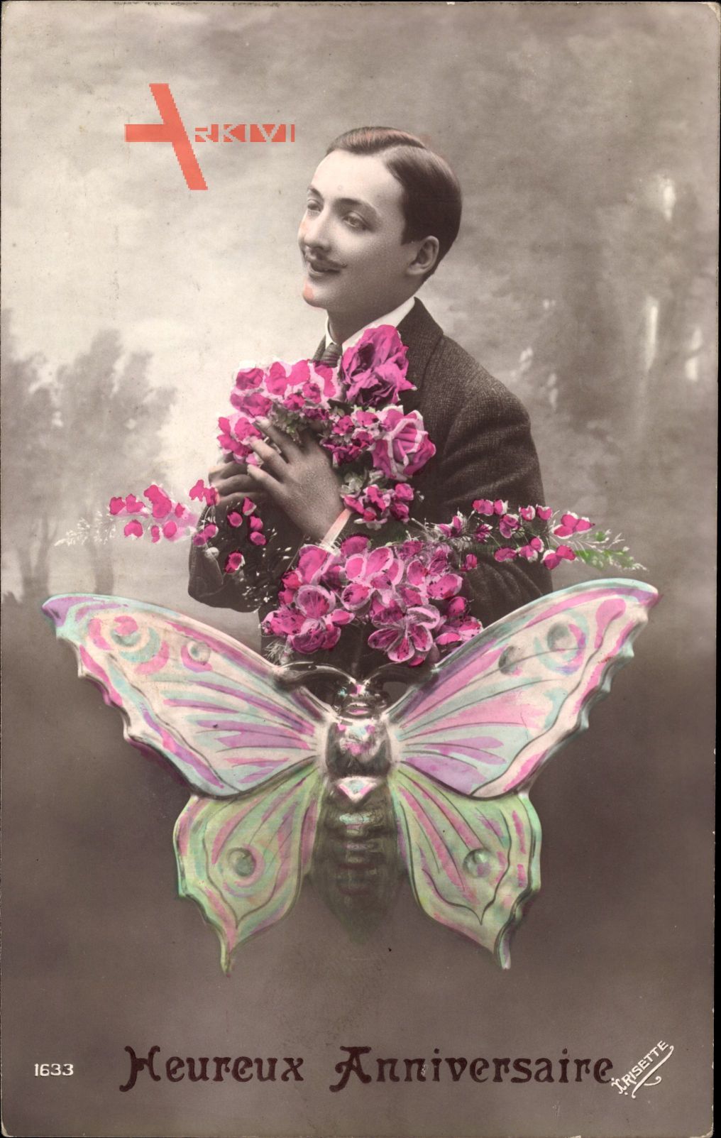 Glückwunsch, Heureux Anniversaire, Mann mit Blumen, Schmetterling