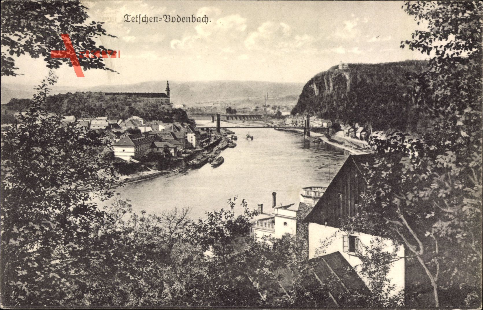 Děčín Tetschen Bodenbach Elbe Reg. Aussig, Blick zum Ort, Fluss, Brücke