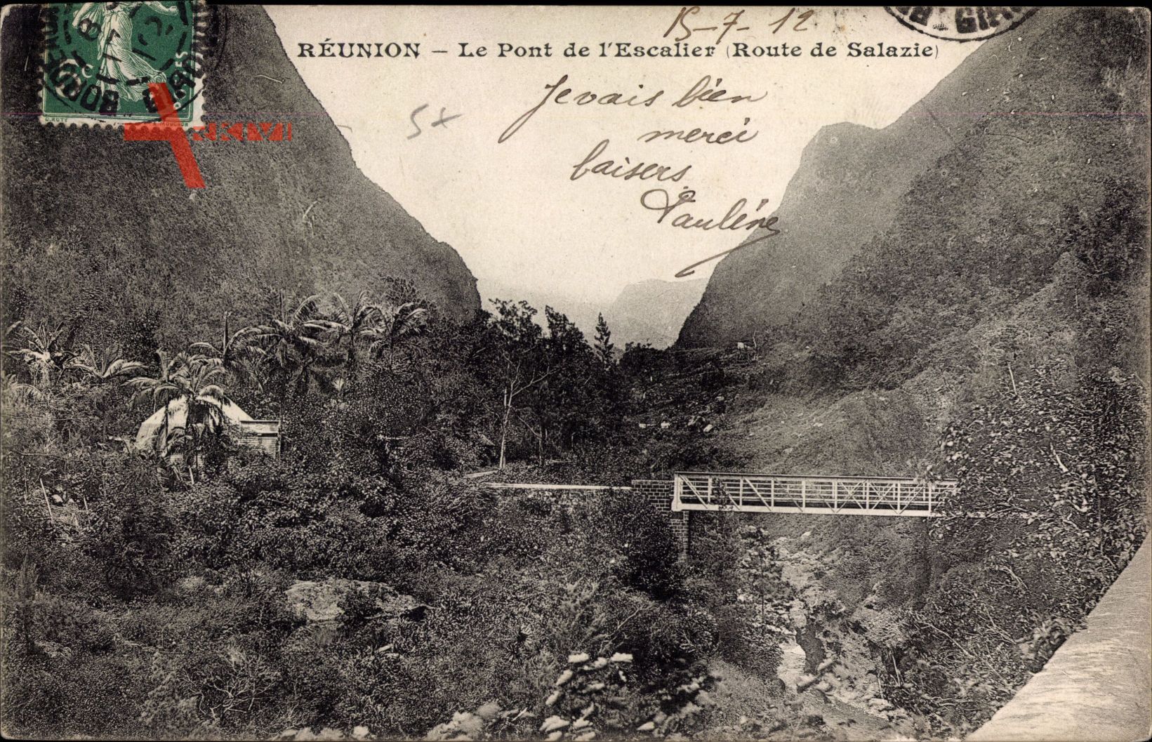 Reunion, Le Pont de l'Escalier, Route de Salazie, Brücke, Berge, Palmen