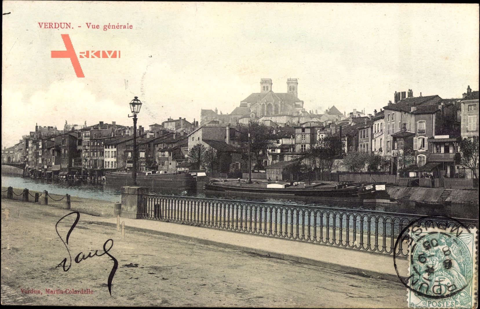 Verdun Meuse, Vue generale, Blick auf den Ort, Flusspartie, Straße, Lastkahn