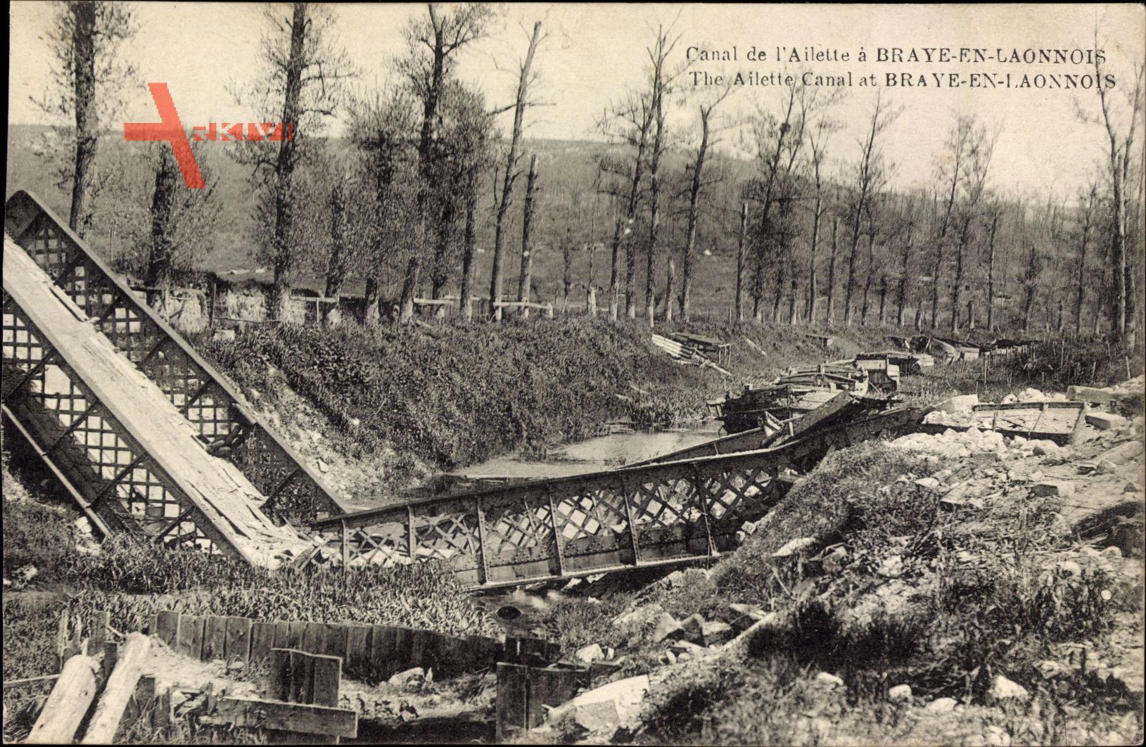 Braye en Laonnois Aisne, Canal de l'Ailette, zerstörte Brücke, Kanal