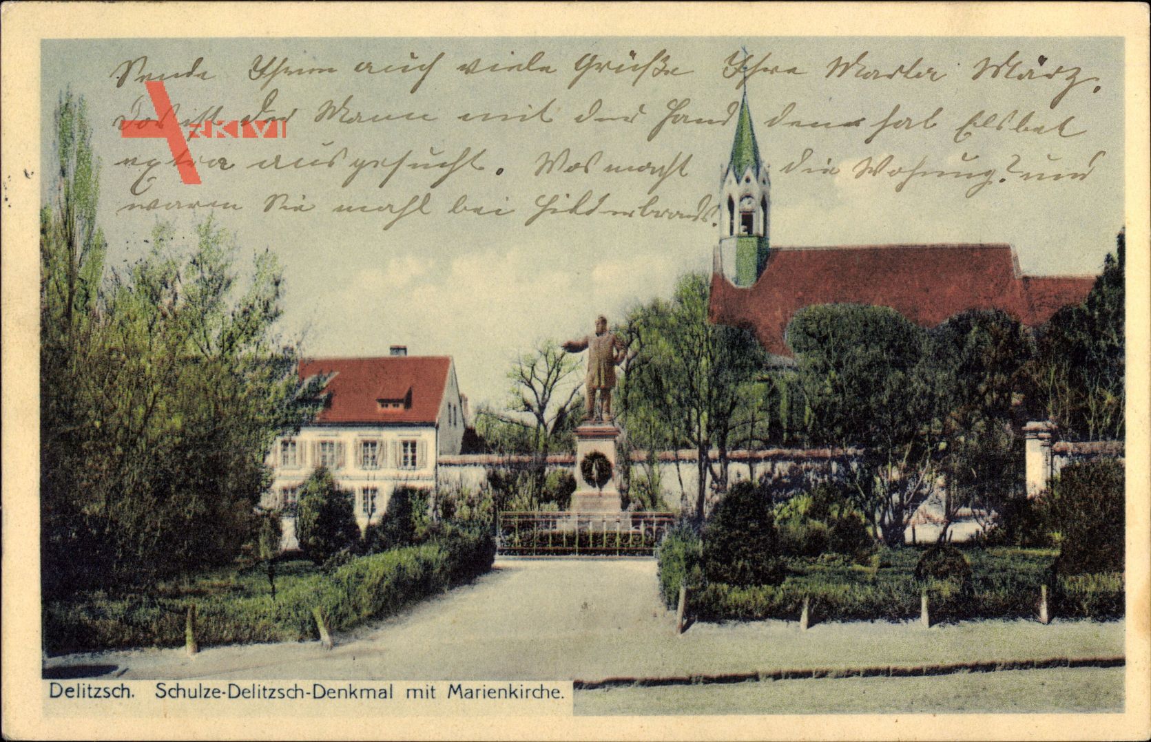 Delitzsch, Blick auf das Schulze Delitzsch Denkmal, Marienkirche