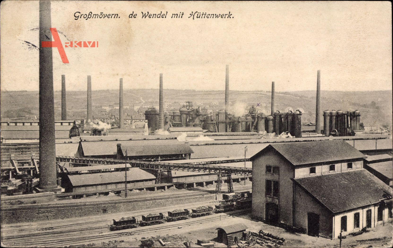 Großmövern Moselle, De Wendel,Blick auf das Hüttenwerk, Güterzug, Schornstein