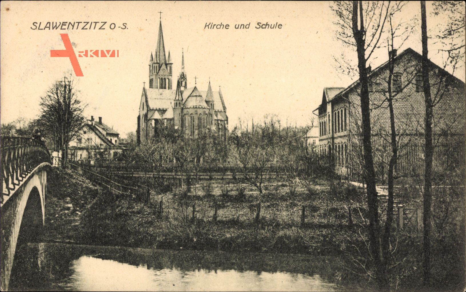 Sławięcice Slawentzitz Oberschlesien, Kirche und Schule, Flusspartie, Brücke